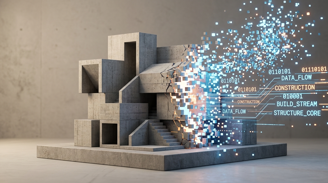 Architectural model dissolving into structured construction data — BIM and jobsite software development by 11SEAS