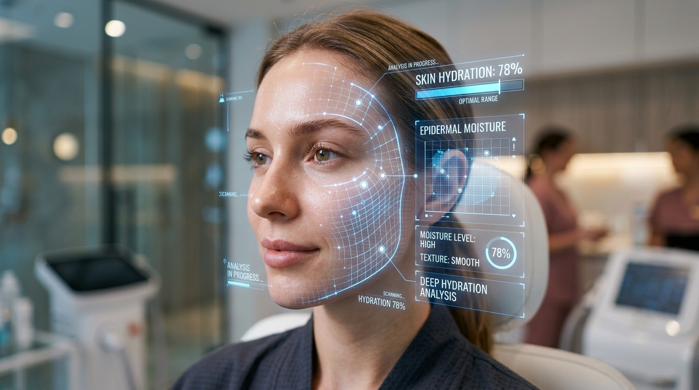 AI skin analysis scanning a client's face and reporting live hydration and texture readings