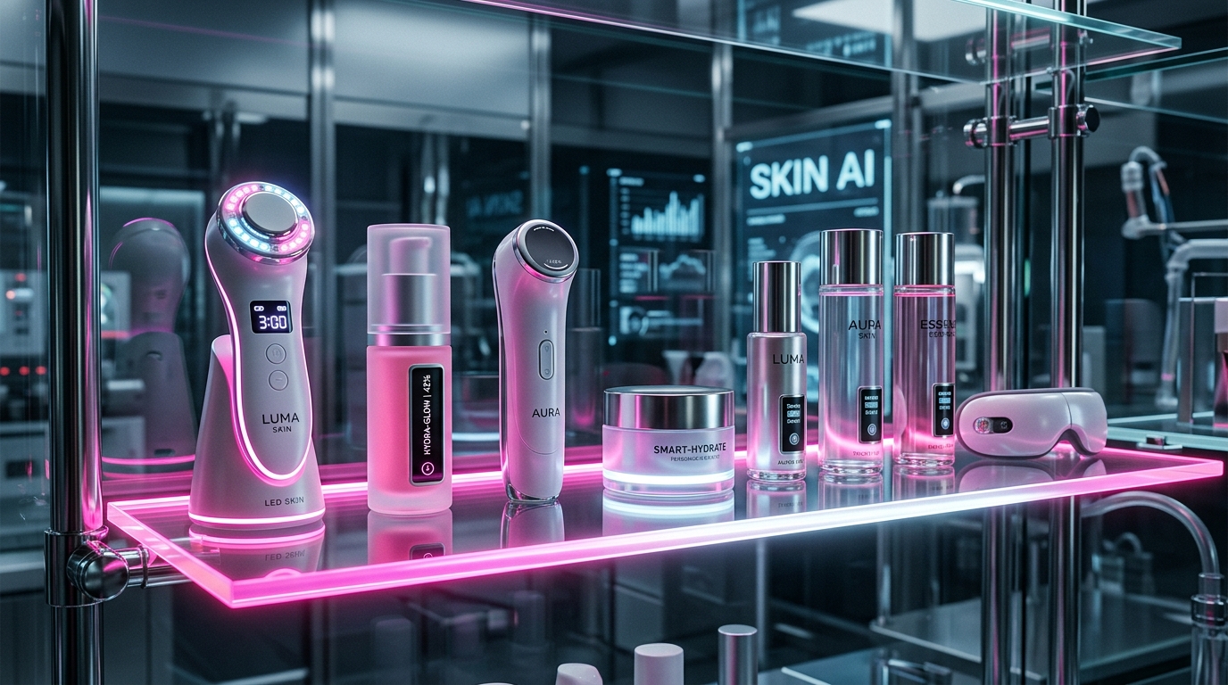 Connected beauty devices and skincare products displayed on a smart retail shelf