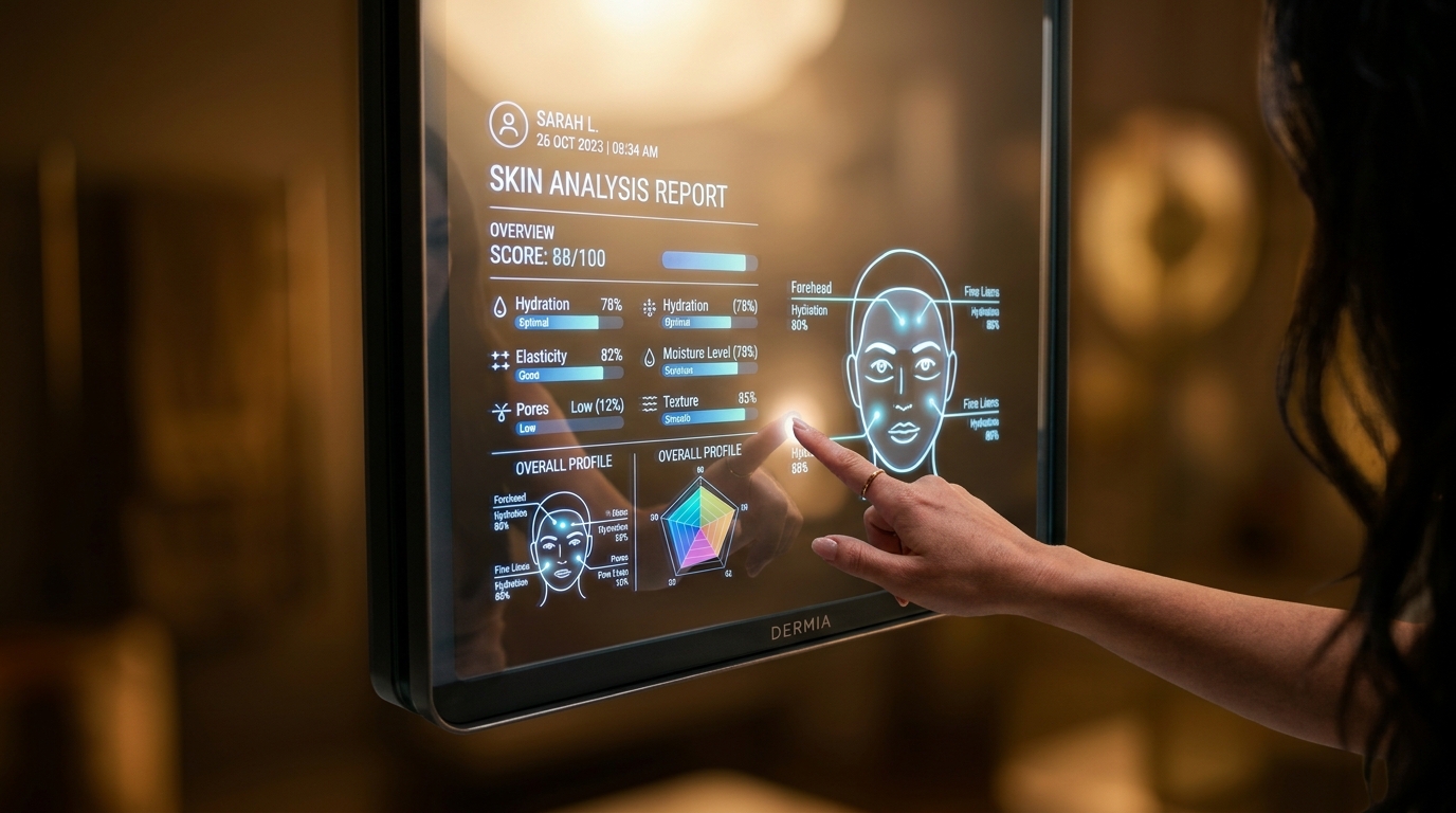 Smart mirror displaying a personalised skin analysis report with hydration and elasticity scores