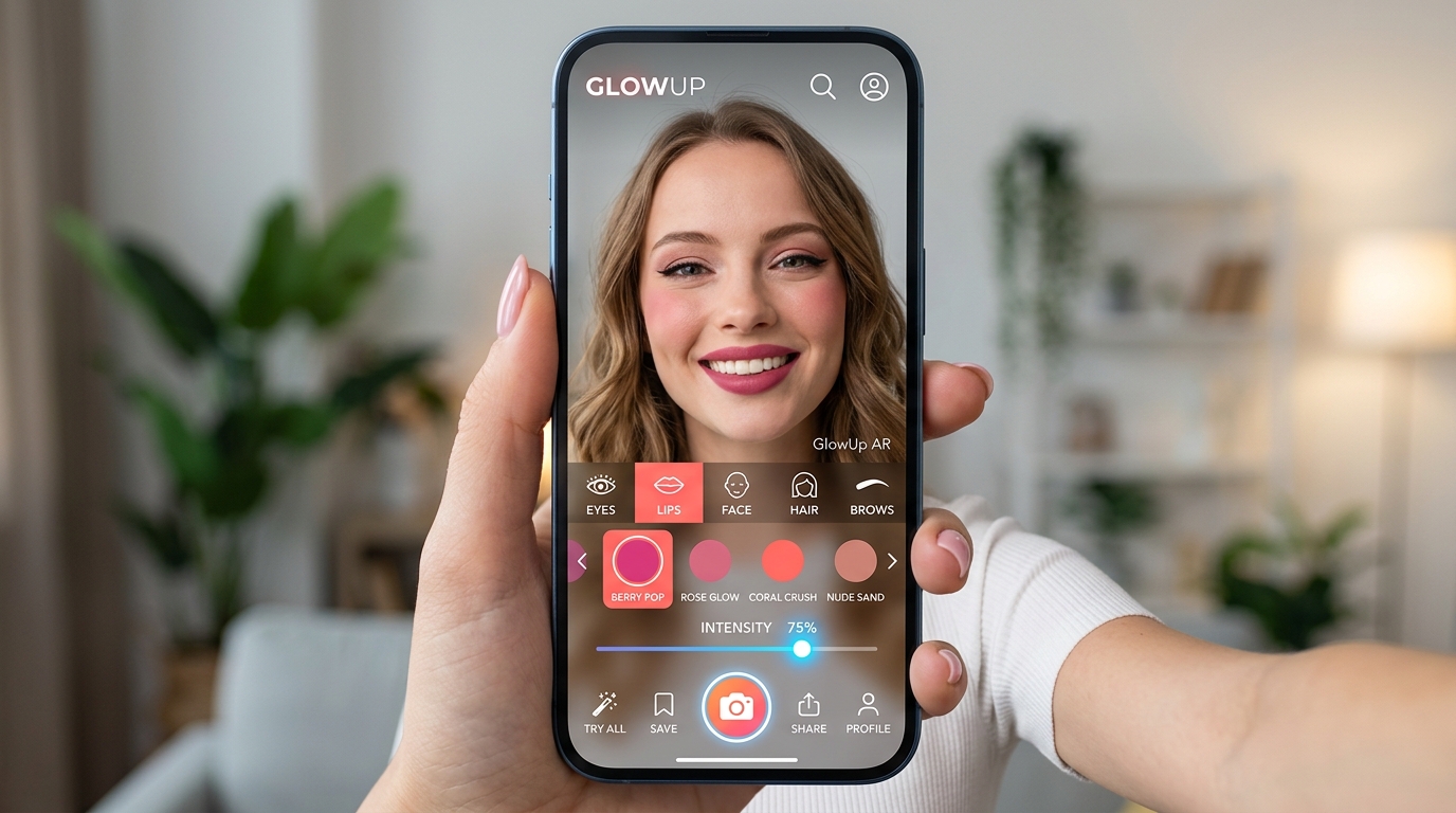 Virtual makeup try-on running in a beauty mobile app, previewing lip shades in real time