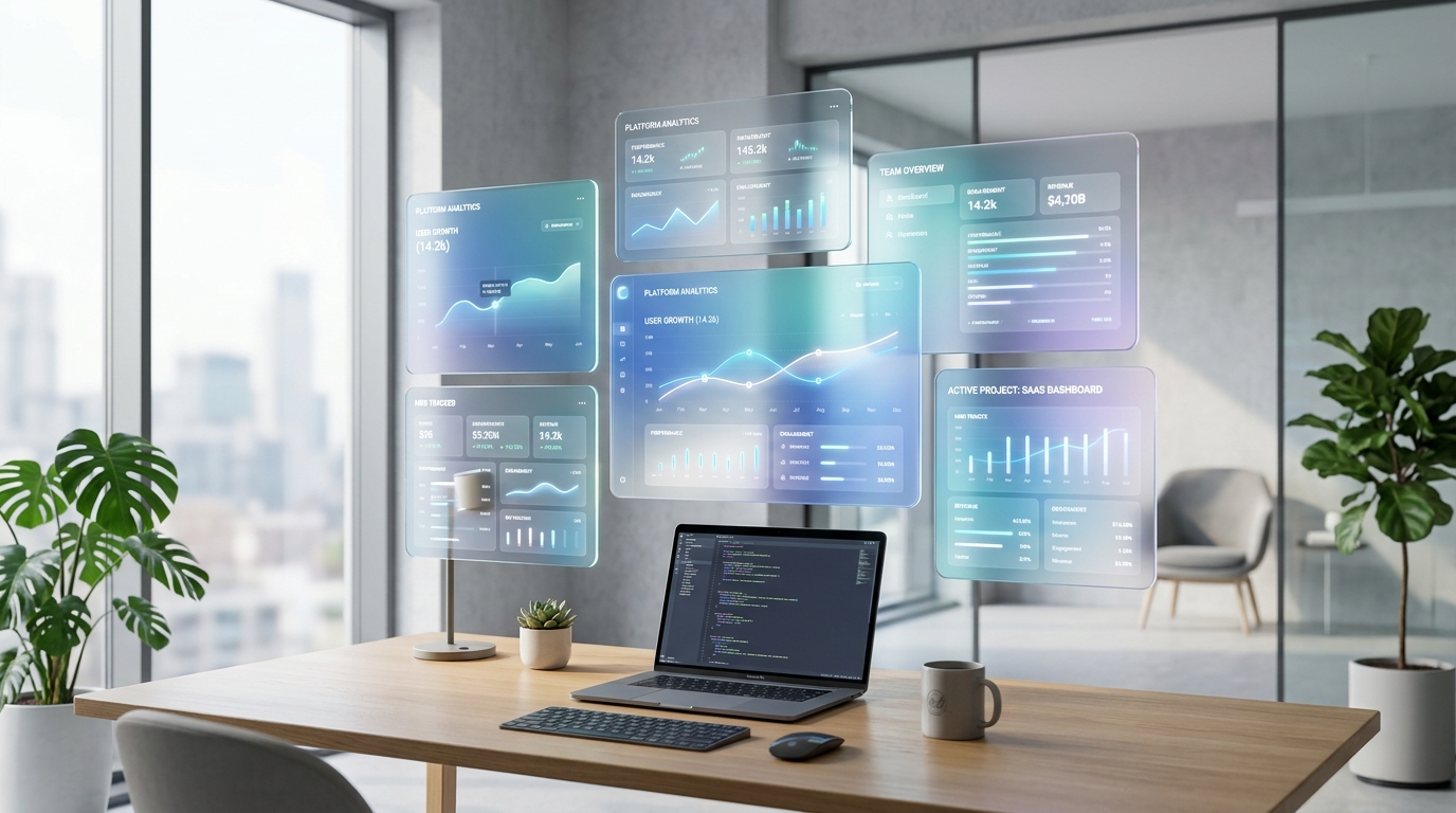 Floating productivity SaaS dashboards showing platform analytics, team overview, and project tracking above a laptop