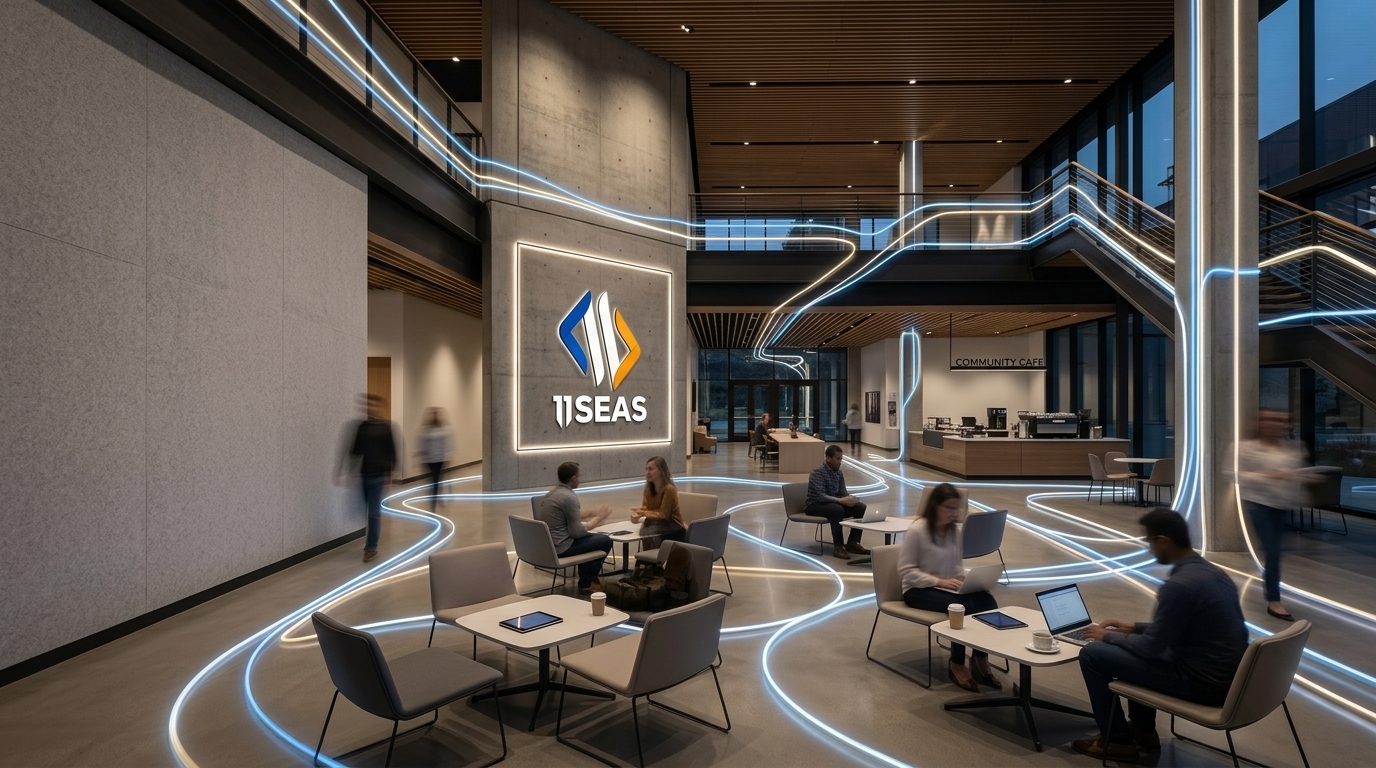 11Seas office lobby with connected network lines — Social & Community Platform development