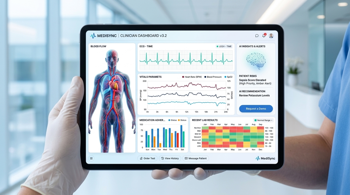 Clinician viewing an AI-powered clinical dashboard with vitals, ECG and lab results on a tablet — custom medical software built by 11SEAS