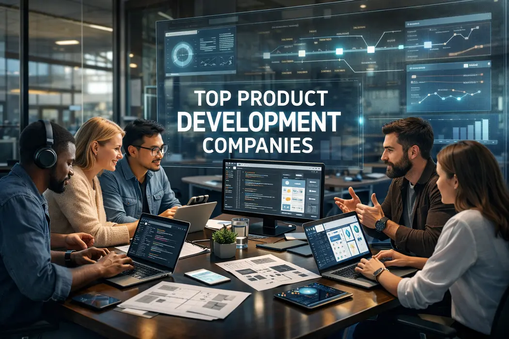 Product team reviewing a development roadmap together
